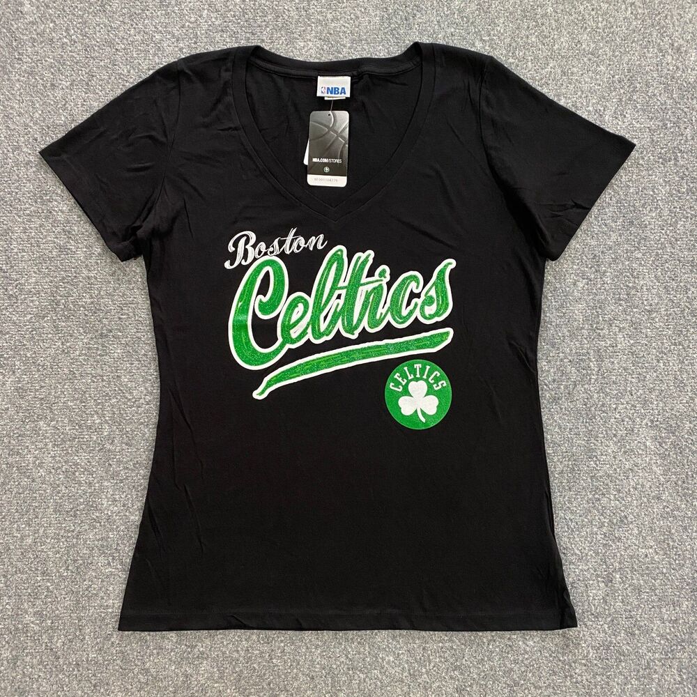 Boston Celtics Glitter Logo V-Neck Shirt Womens Medium Black NBA Basketball NWT